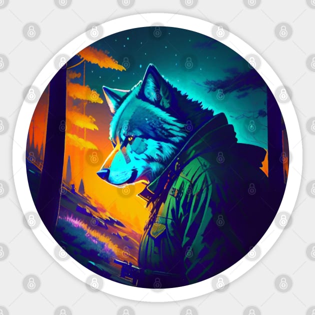 Wolf hunter in the forest Sticker by AnnArtshock